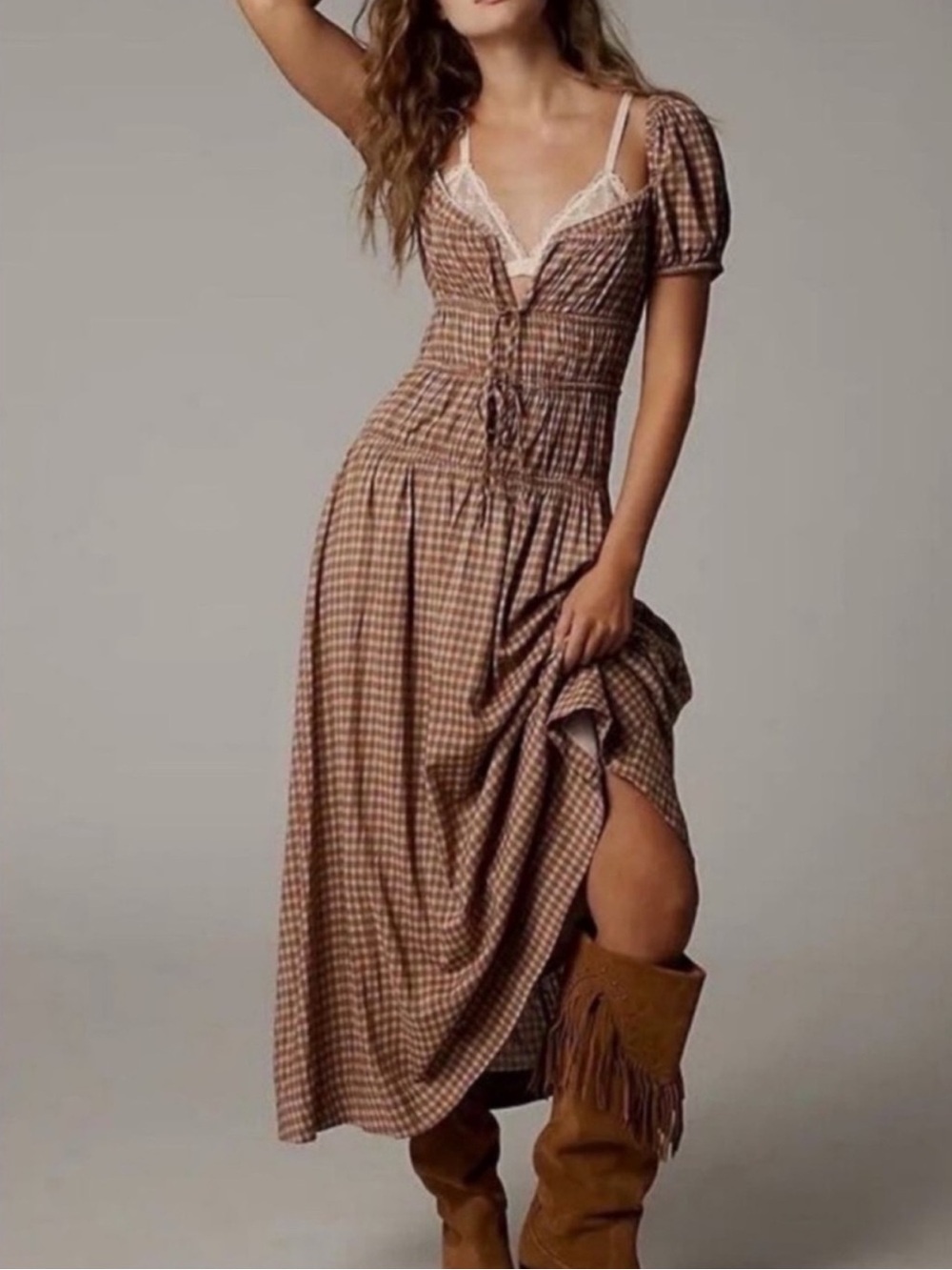 Reformation Rhett Midi Dress Smocked Gingham Midi Dress in Brown 4 - Picture 3 of 10
